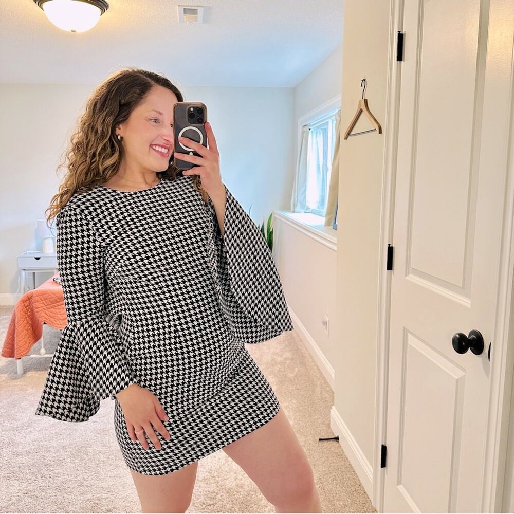 LIKELY Black White Houndstooth Long Sleeve Mini Dress 6